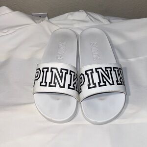 Victoria’s Secret PINK Slides Women’s 11 White Black Logo Sandals Slip On
